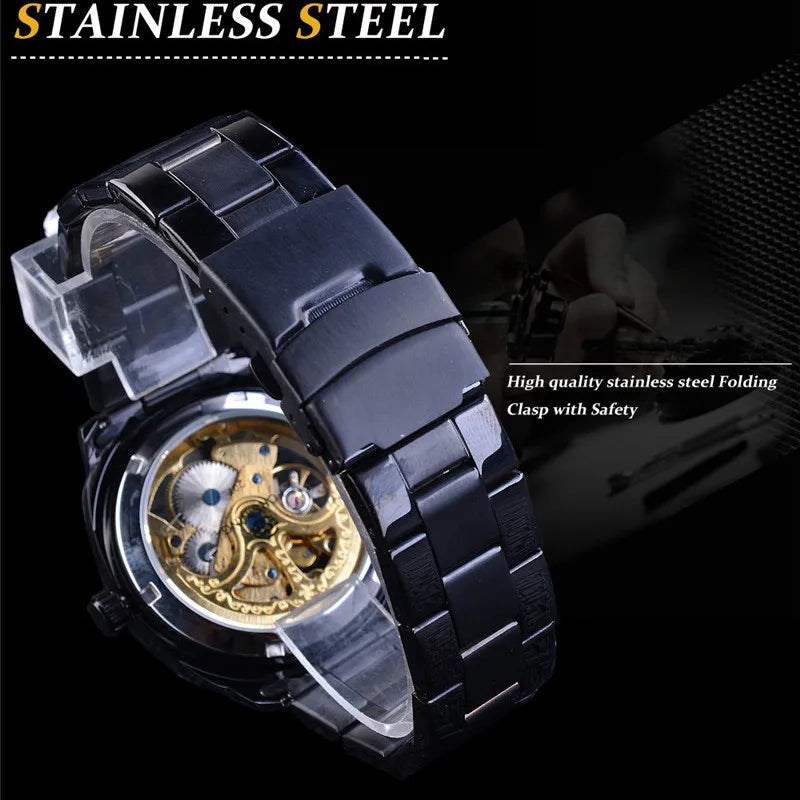 Forsining Square Gold Skeleton Automatic Men Watch Engraved Movement Luminous Hands Mechanical Watches Luxury Stainless Steel
