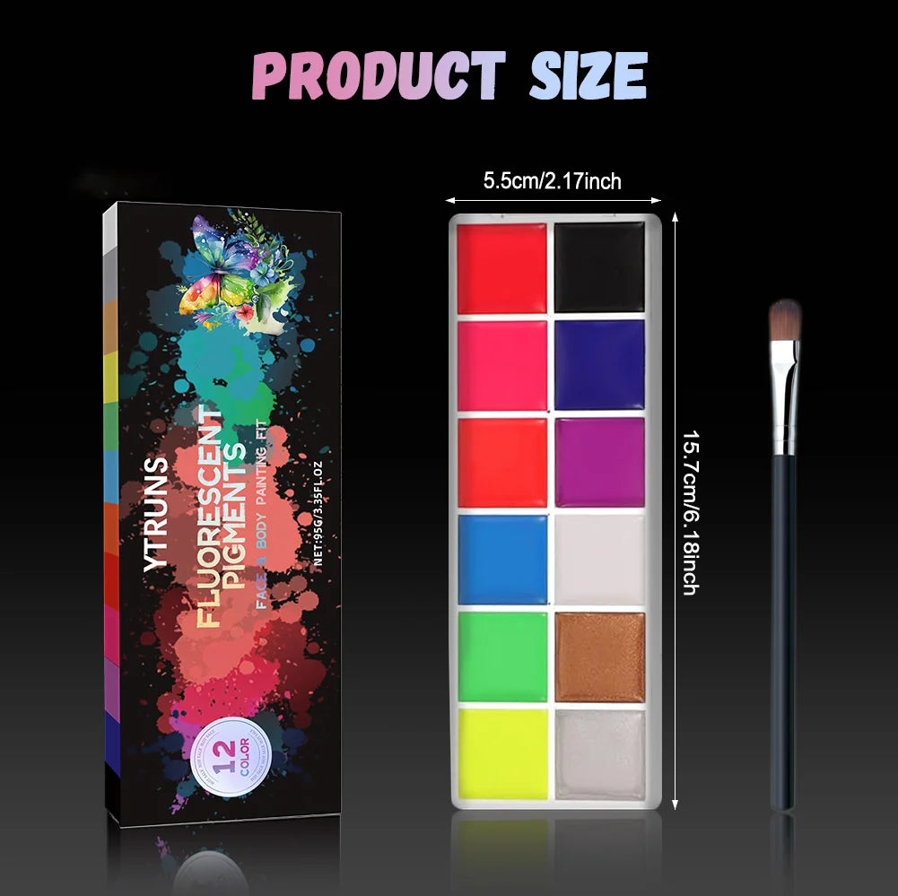 12-Color UV Glow Face and Body Paint Makeup Palette Set - Vibrant, Waterproof, Long-Lasting Halloween, Cosplay and Costume Makeu