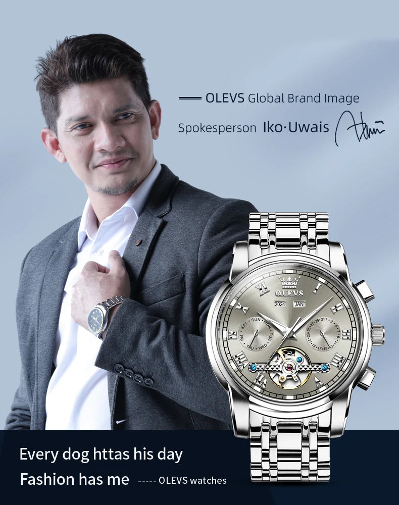 OLEVS 6607 Fully Automaitc Watches Stainless Steel Skeleton Flywheel Dual Calendar Top Luxury Brand Men's Mechanical Wristwatch