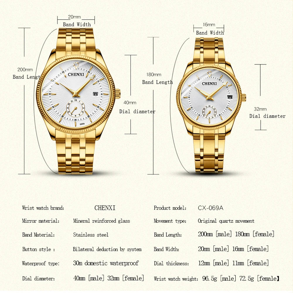 CHENXI Luxury Brand Casual Couple Watch Golden Stainless Steel Quartz Watch for Men's and Women's Waterproof Luminous Wristwatch