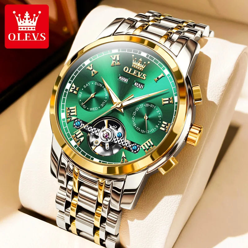 OLEVS 6607 Fully Automaitc Watches Stainless Steel Skeleton Flywheel Dual Calendar Top Luxury Brand Men's Mechanical Wristwatch