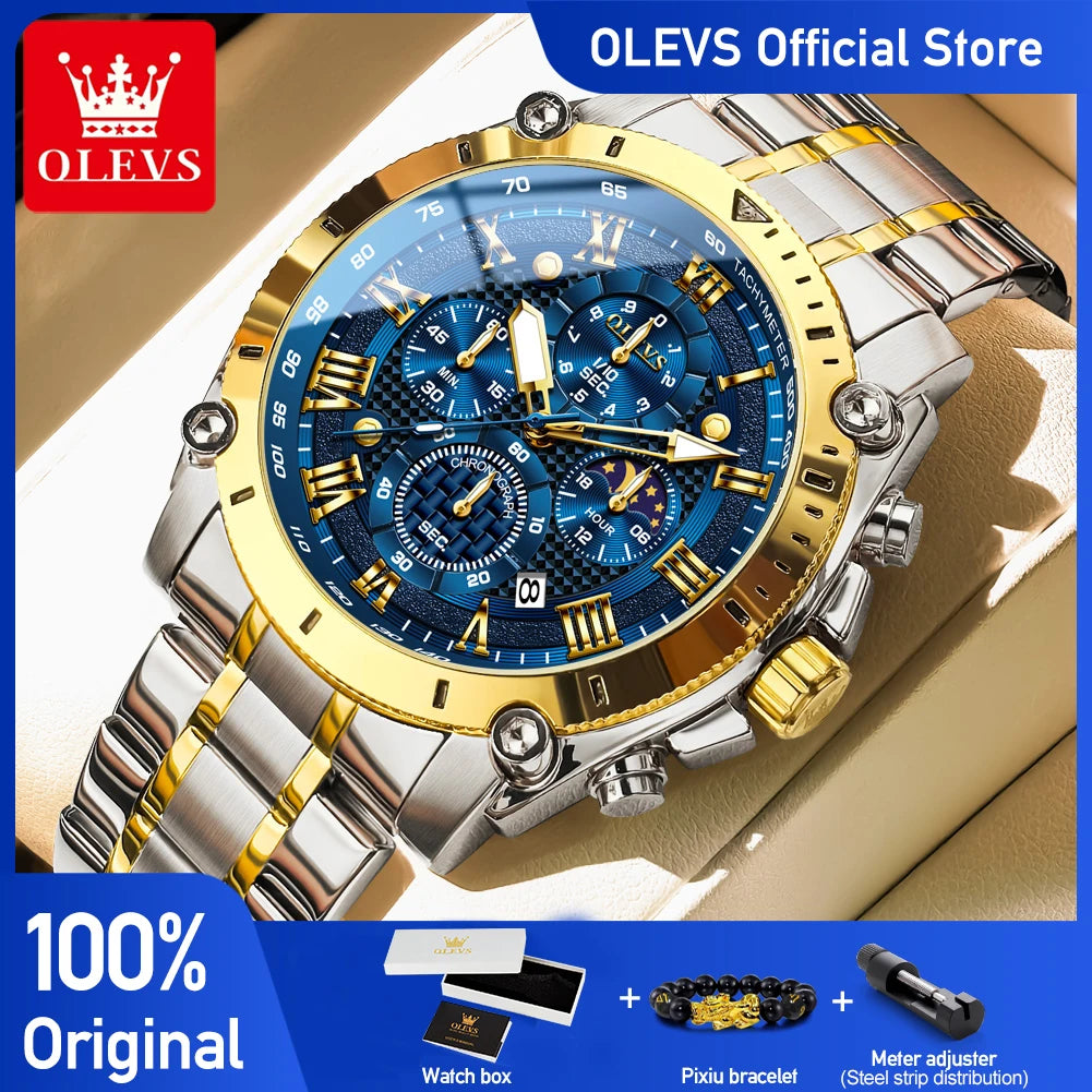 OLEVS 3689 Original Moon Phase Mens Watch Multifunctional Chronograph Quartz Watch  Waterproof Sports Watches For Man Gift Reloj