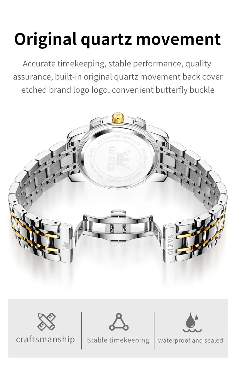 OLEVS 3655 Moon Phase Classic Three Eye Dial Men's Watch Stainless Steel Watch for Male Butterfly Buckle Waterproof Quartz watch