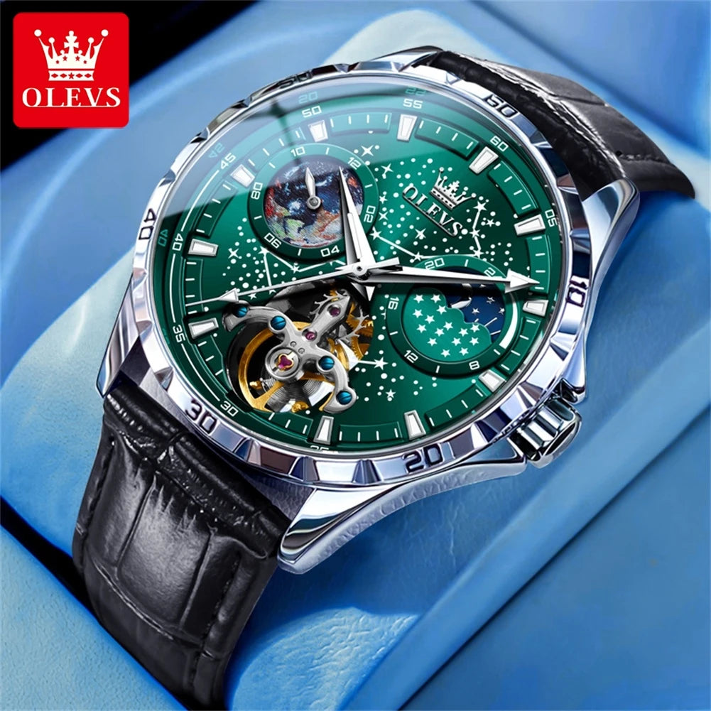 OLEVS Flywheel Skeleton Automatic Watch for Men Luminous Starry Sky Waterproof Business Wristwatch Mechanical Watch