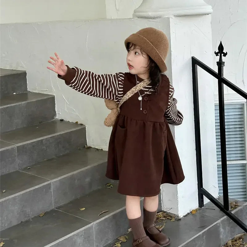Clothing Suit Girls' Striped Long-Sleeved Sweater Plus Corduroy Vest Skirt  Autumn and Winter Clothing New Suit