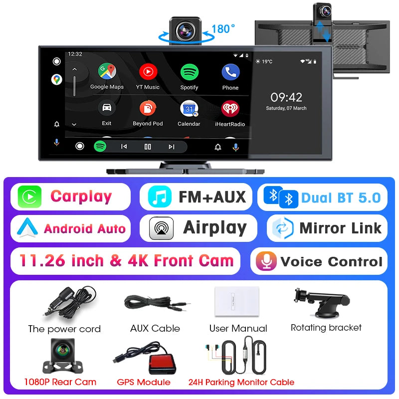 Srnubi Universal 11.26” Car DVR Wireless Carplay Android Auto 4K Front 1080P Rear Camera Dashcam GPS Navi Dashboard 24H Parking