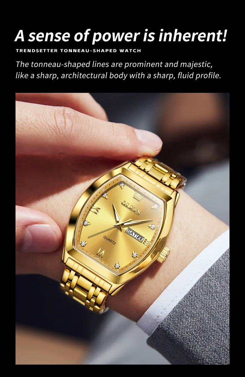 OLEVS Men's Watches Luxury Tonneau Original Top Brand Quartz Watch for Men Waterproof Luminous Week Date Male Wristwatch
