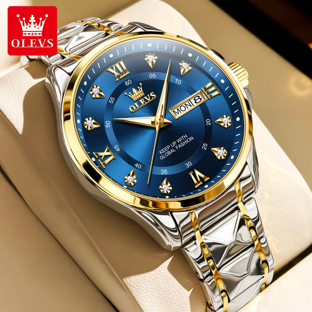 OLEVS Men's Watch No.2906 Fashion Business Original Quartz Watches Rhombus Stainless Steel Waterproof Luminous Week Date Display