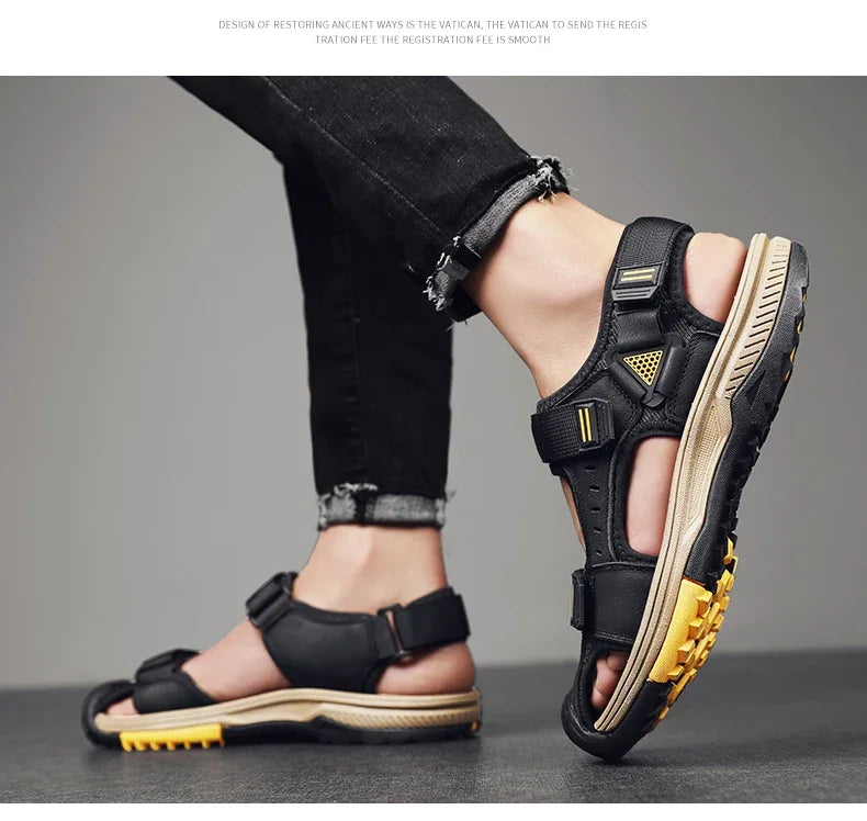 Summer Breathable Genuine Leather Men Sandals Waterproof Non-Slip Large Size flip flops Beach shose For Outdoor Anti-Collision