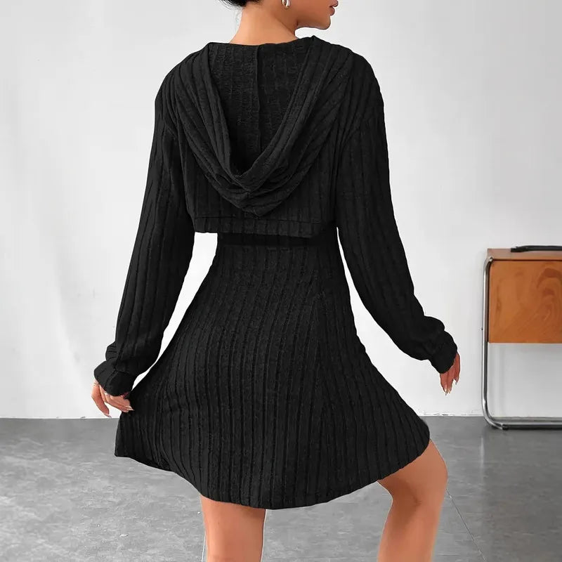 Woman Clothing Set Long Sleeved Hooded Top And Sleeveless Square Neck A-line Vest Dress