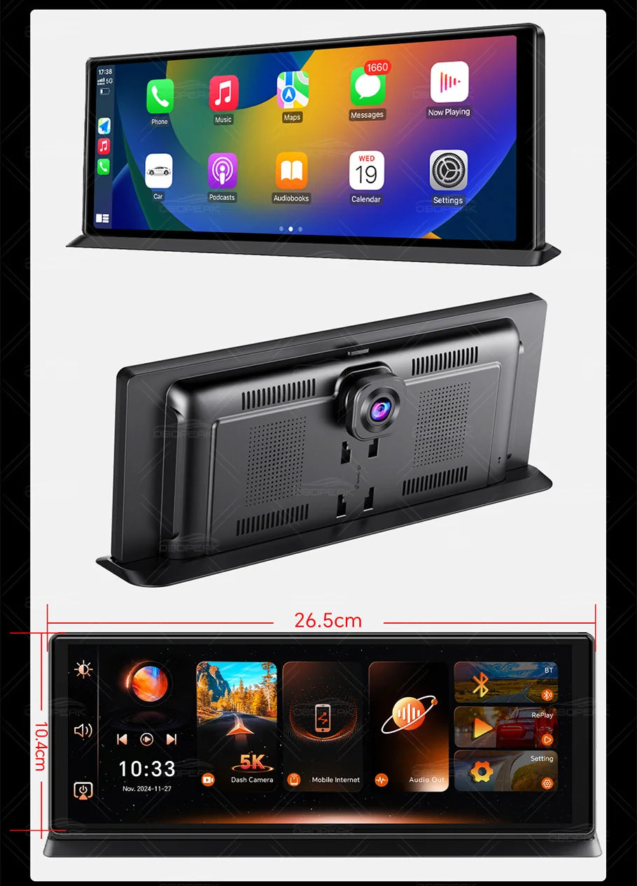OBDPEAK K8 Pro Front 5K Rear 1080P Dash Cam Camera 11.3" Touch Ai Screen Carplay & Android Auto GPS Navigation Night Vision DVR
