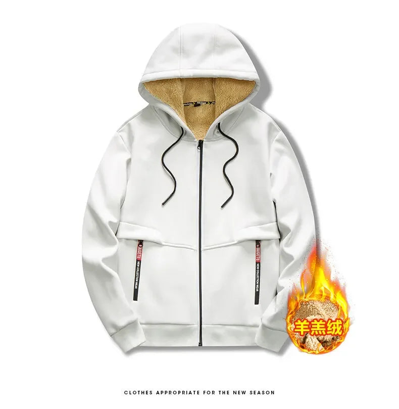 Men's Winter Warm Hoodies Sweatshirts Thickened Lamb Fleece Lining Hooded Jackets Windproof Zip Casual Hooded Sportwear for Men
