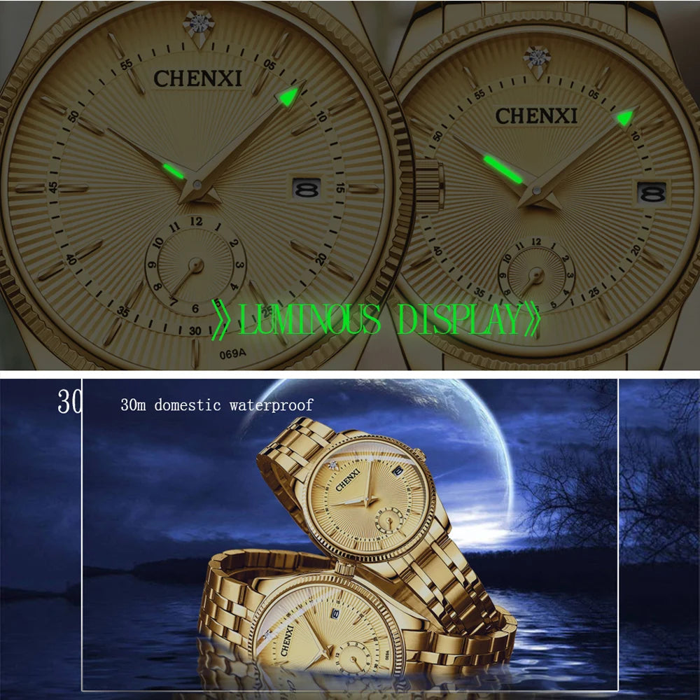 CHENXI Luxury Brand Casual Couple Watch Golden Stainless Steel Quartz Watch for Men's and Women's Waterproof Luminous Wristwatch