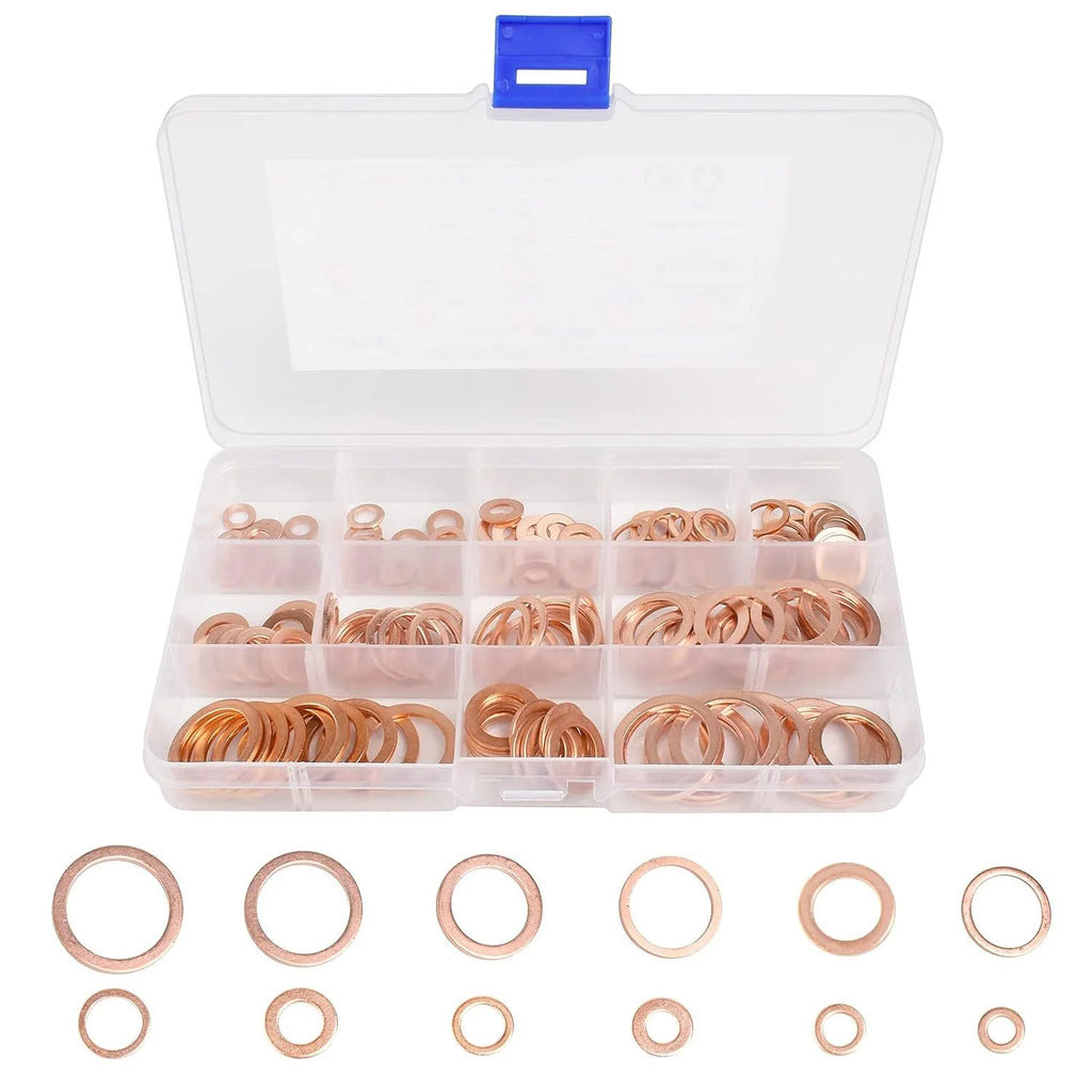 Copper Washer Gasket Nut And Bolt Set - Flat Ring Seal Assortment Kit with Box for Sump Plugs - M8/M10/M12/M14