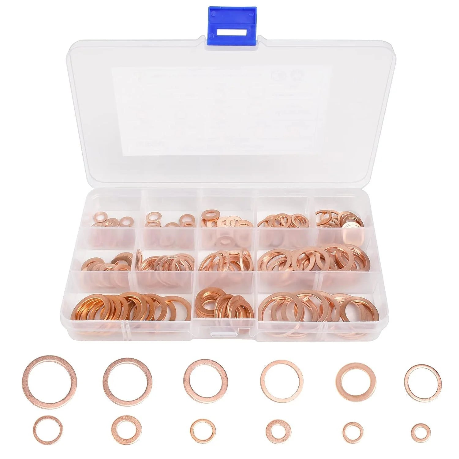 Copper Washer Gasket Nut And Bolt Set - Flat Ring Seal Assortment Kit with Box for Sump Plugs - M8/M10/M12/M14