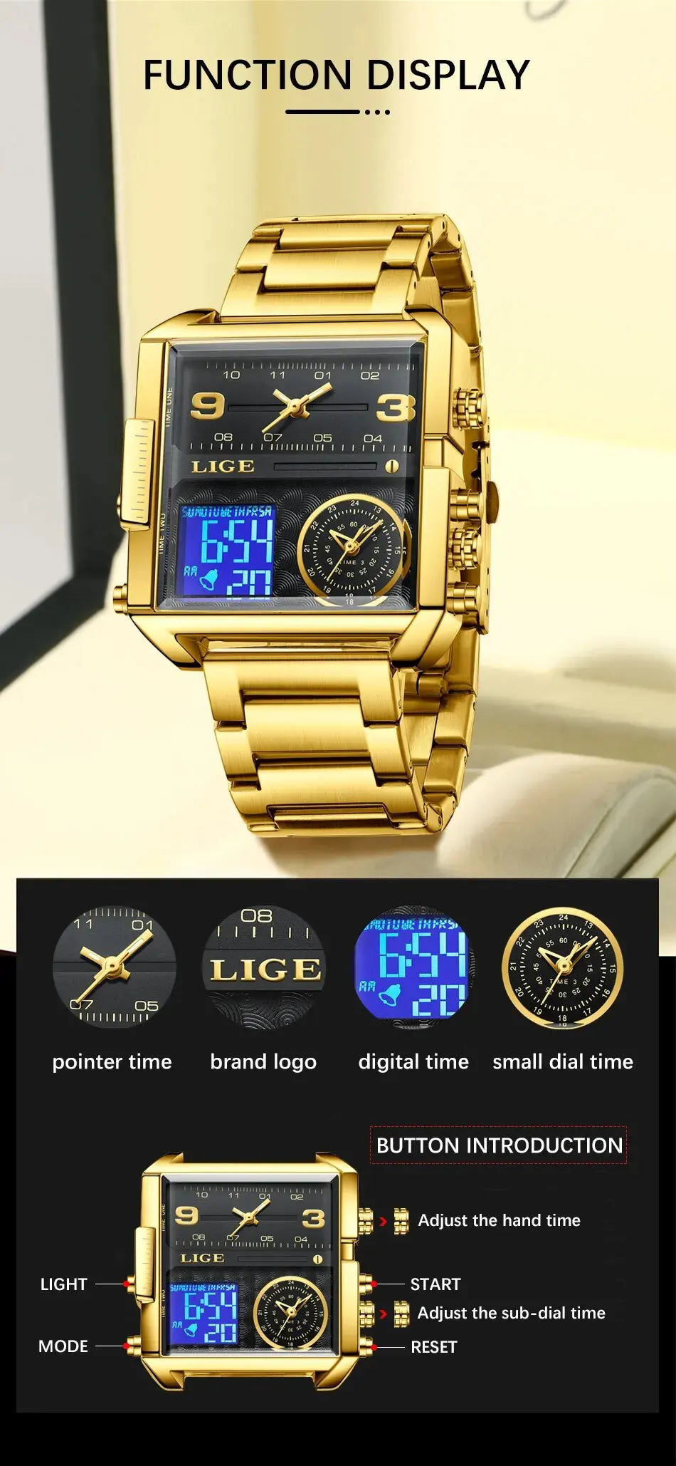 LIGE Luxury Original Men Sports Wrist Watch Gold Quartz Steel Waterproof Dual Display Clock Watches For Men Relogio Masculino