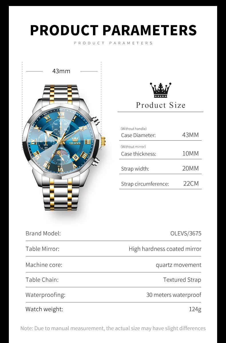 OLEVS 3675 Mens Watch Original Multifunctional Chronograph Quartz Watch Moon Phase Watches For Men Waterproof Mens Gifts Reloj