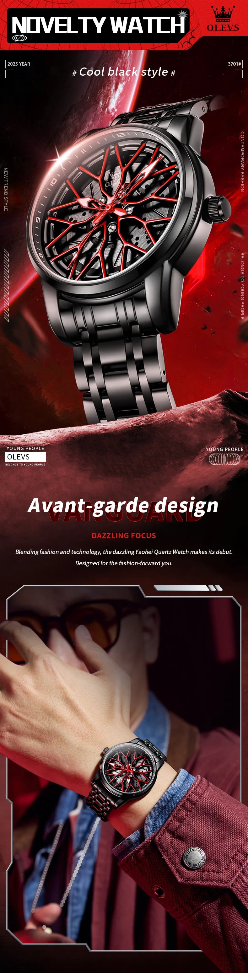 OLEVS 3701 Mens Watch Rotatable Wheel Hub Dial Fashion Quartz Watch Waterproof Luminous Stainless Steel Watches For Man Original