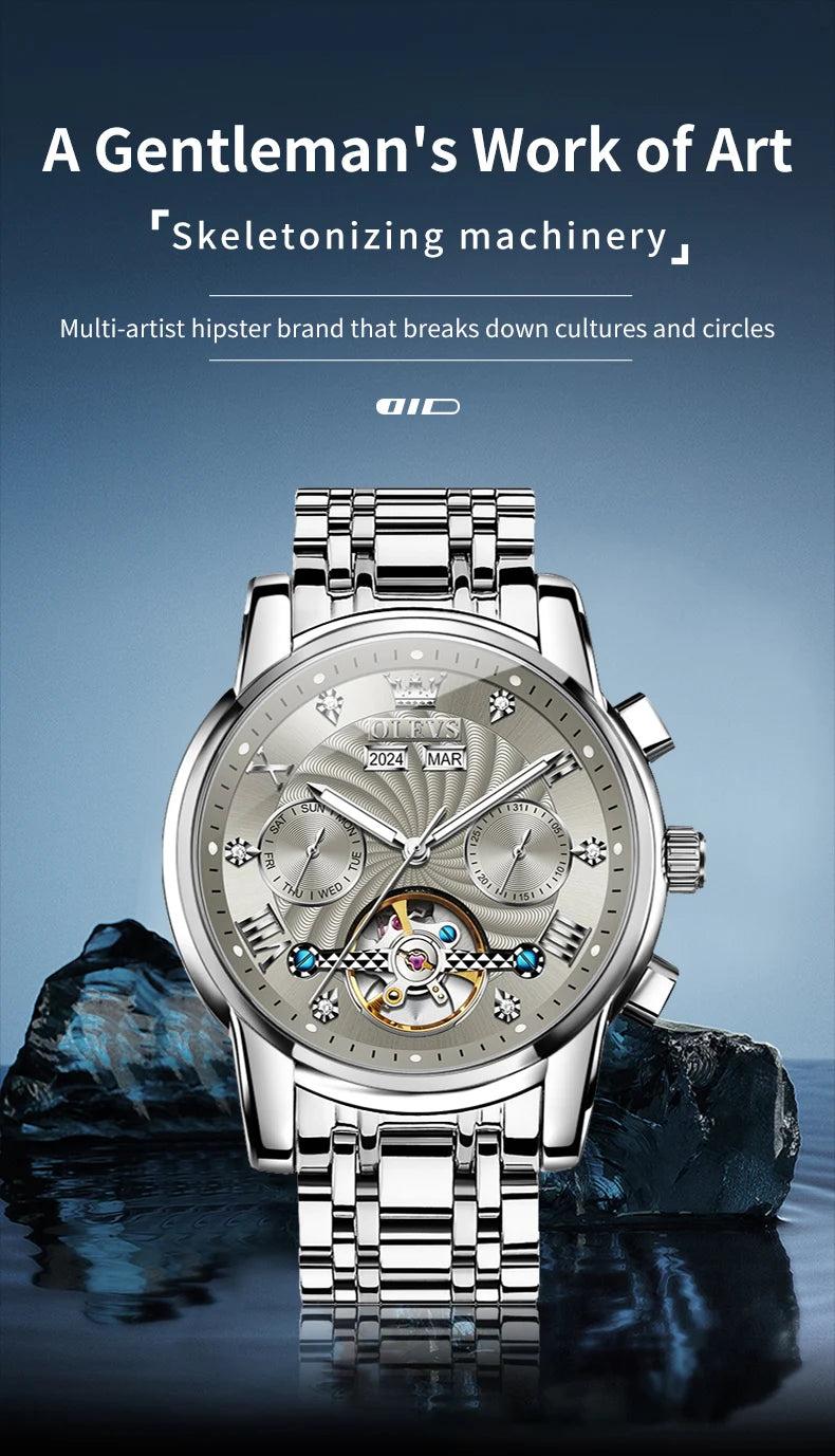 OLEVS Men's Watches 7088 Luxury Trend Fashion Automatic Mechanical Watch for Man Hollow Quartz Movement Complete Calendar Week