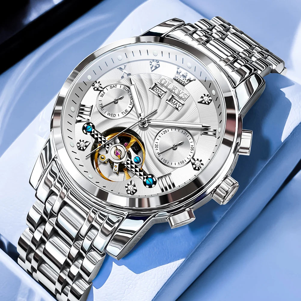 OLEVS Men's Watches 7088 Luxury Trend Fashion Automatic Mechanical Watch for Man Hollow Quartz Movement Complete Calendar Week