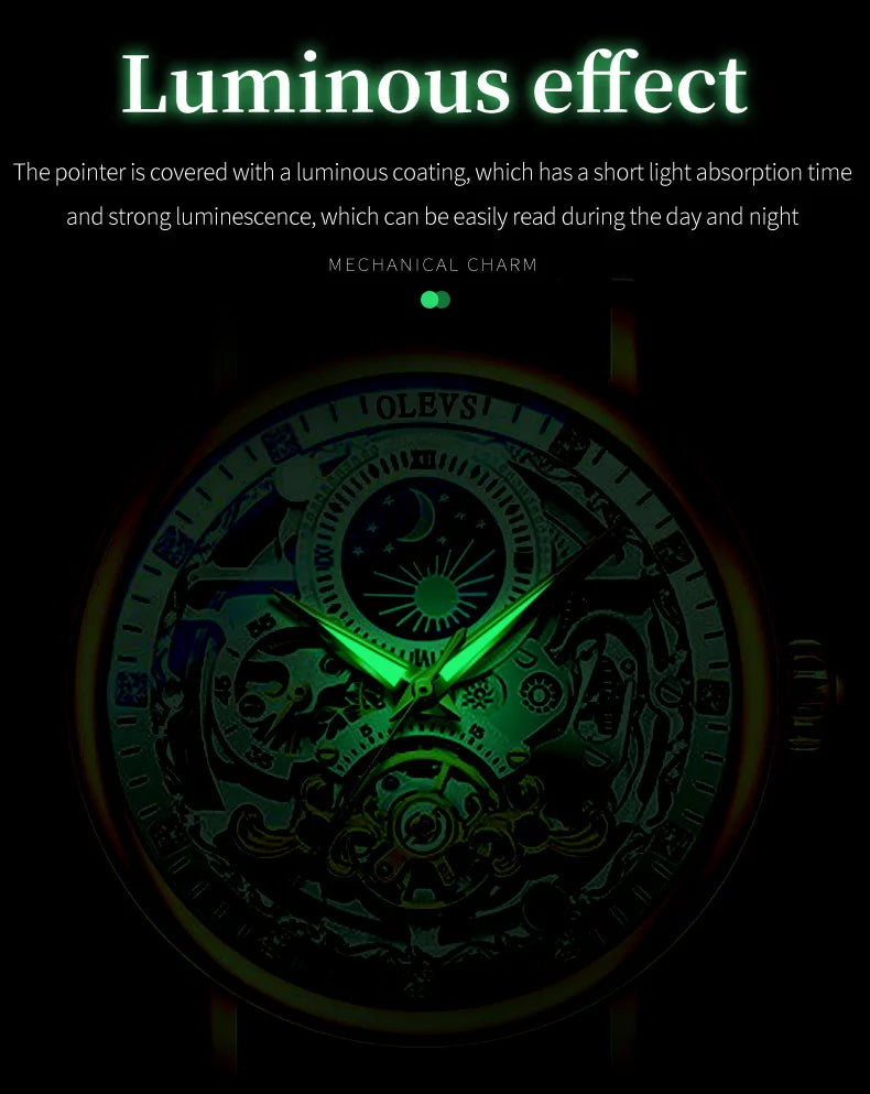 OLEVS Moon Phase Mechanical Watch Men with Waterproof Automatic Skeleton Mens Watches Top Brand Luxury Tourbillon Wristwatch Men