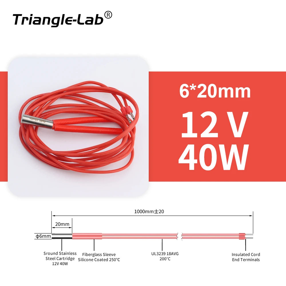 Trianglelab 3D Printer 6*20MM 12V/24V 40W Heater Cartridge With 100CM cable For 3D Printer for PT100 HOTEND Volcano MK8 MK9