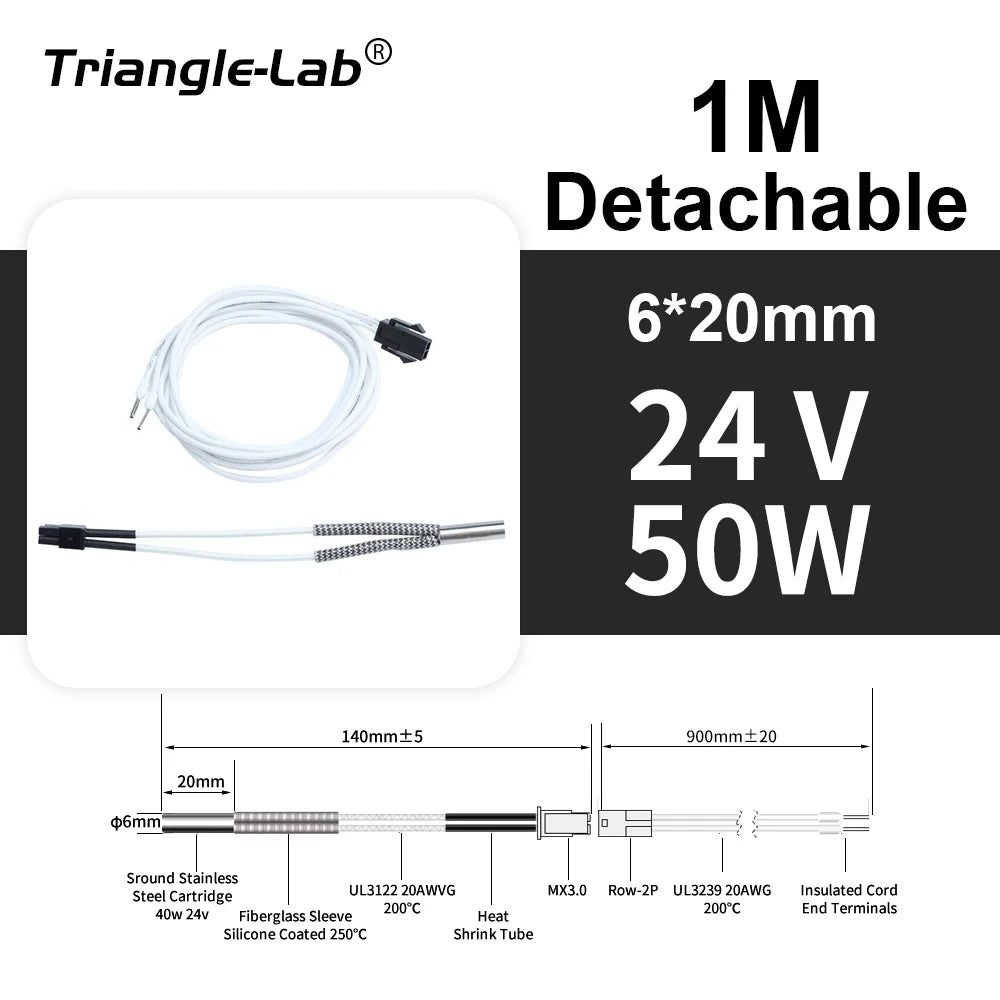 Trianglelab 3D Printer 6*20MM 12V/24V 40W Heater Cartridge With 100CM cable For 3D Printer for PT100 HOTEND Volcano MK8 MK9