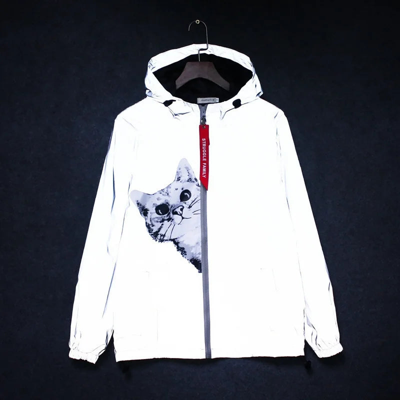 Men's Full Reflective Jacket Casual Women Windbreaker Hip Hop Hooded Coat Waterproof Printed Streetwear Night Shiny Jackets 5XL