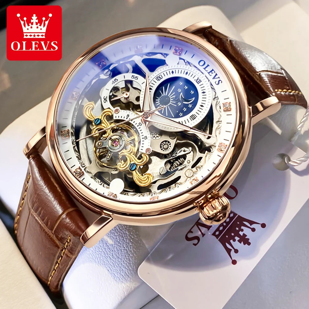 OLEVS Moon Phase Mechanical Watch Men with Waterproof Automatic Skeleton Mens Watches Top Brand Luxury Tourbillon Wristwatch Men
