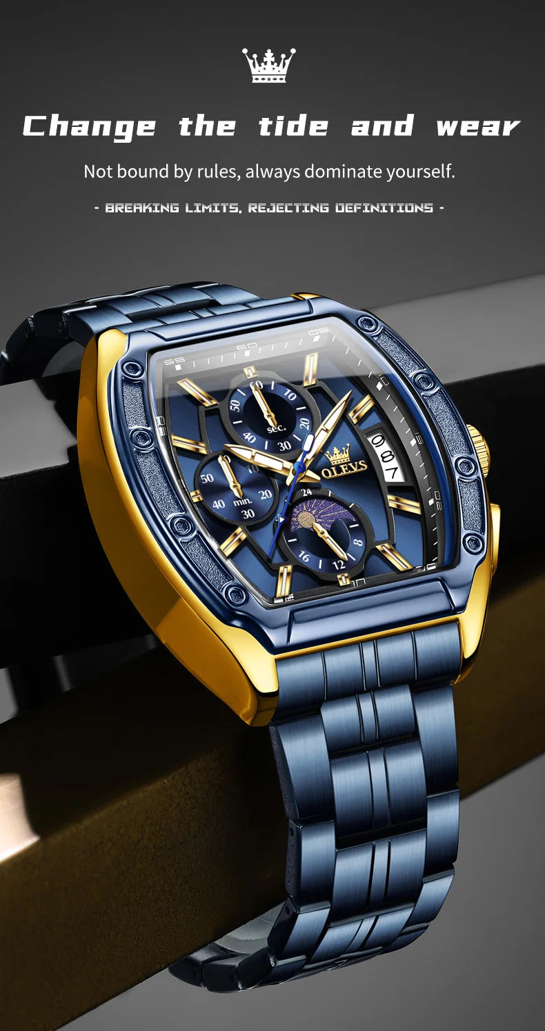 OLEVS Watch New 3661 Mens Watch Luxury Quartz Watch Waterproof Luminous Stainless Steel Moon Phase Sport Tonneau Watches For Men