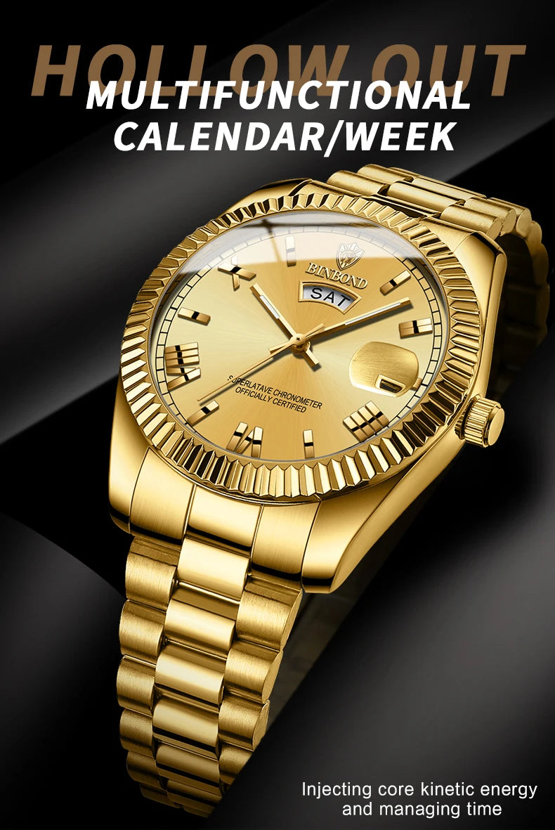 BINBOND Brand Mens Business Sports Quartz Watch Classic Waterproof Luminous Calendar Creative Clock Male Personalized Wristwatch