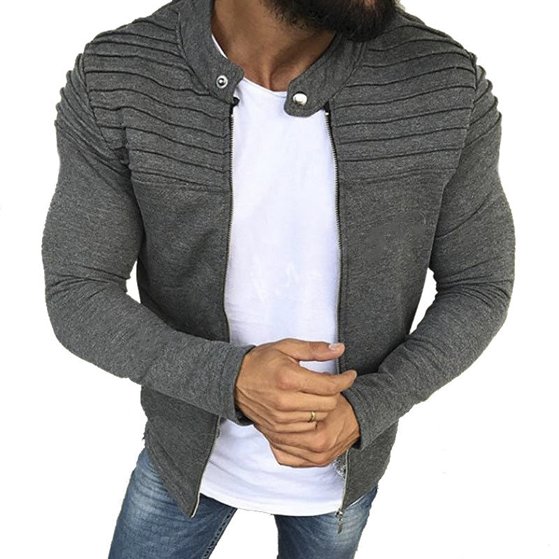 Autumn Sports Casual Men Jacket Men's Pleats Slim Stripe Fit Jacket Zipper Long Sleeve Coat Cardigan Coat