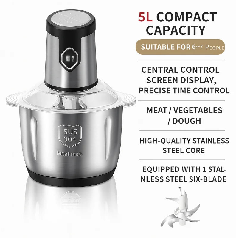 Multifunctional meat grinder 5L 500W stainless steel, kitchen machine, Shredder, 4-step, minced meat/vegetables/Dough