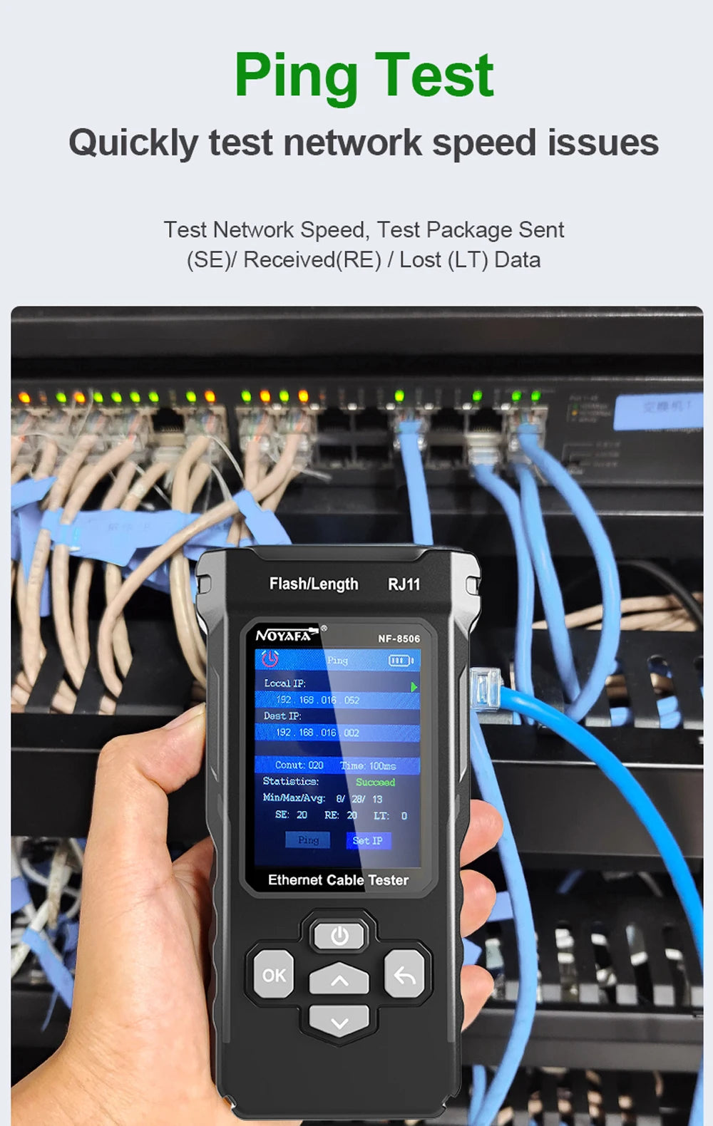 NOYAFA NF-8506 Network Cable Tester Multifunction Cable Tracker Support PING test/IP scan/Poe Measure Length Wiremap Tester