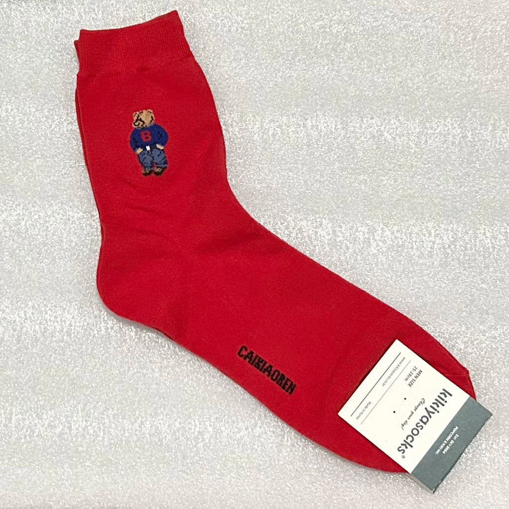 Cartoon Gentleman Bear Socks Red Socks for Men Cotton Harajuku Skateboard Socks Novelty Breathable Sox Christmas Gift