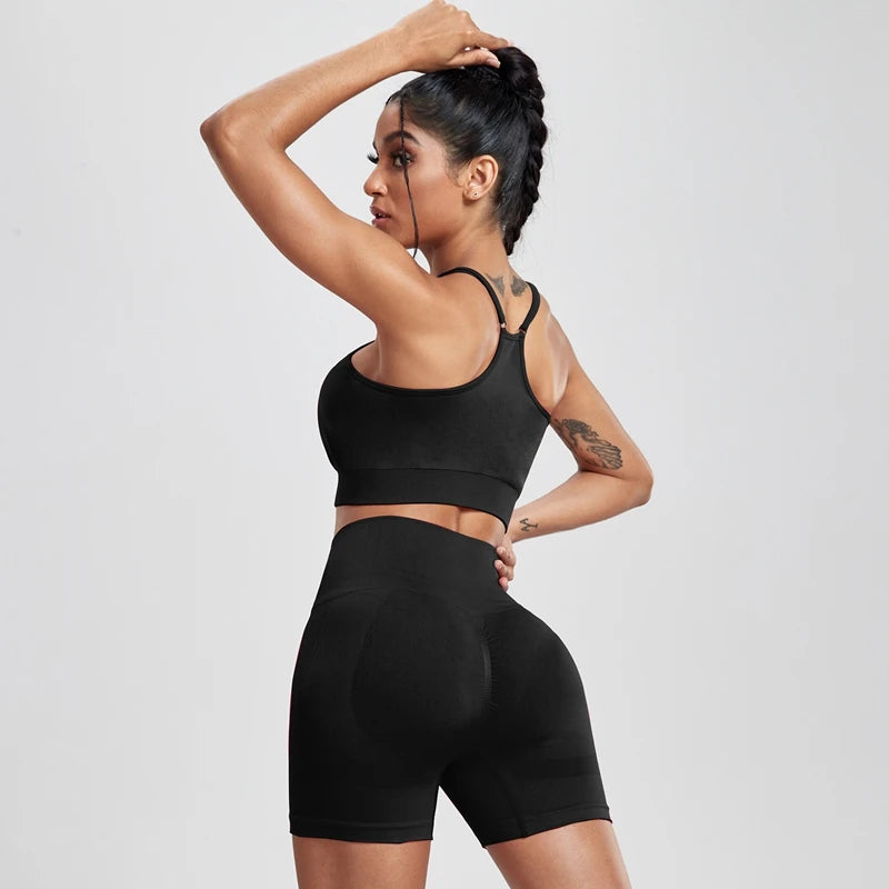 Solid Women Two Piece Sets Peach Buttocks Shorts Female Trackuists Gym Set Halter Fitness Shorts Push Up Bra Summer