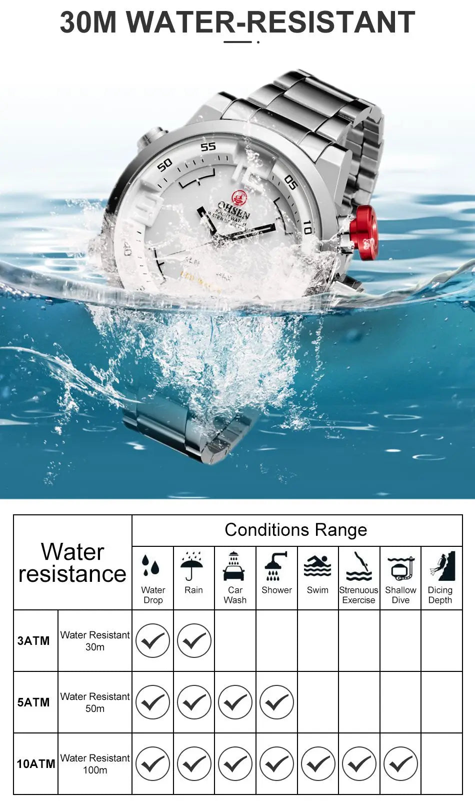 Fashion Sport Watch Men Digital Quartz LED Steel Strap Man Dual Time Watch 3ATM Waterproof Military Wristwatches Relogios