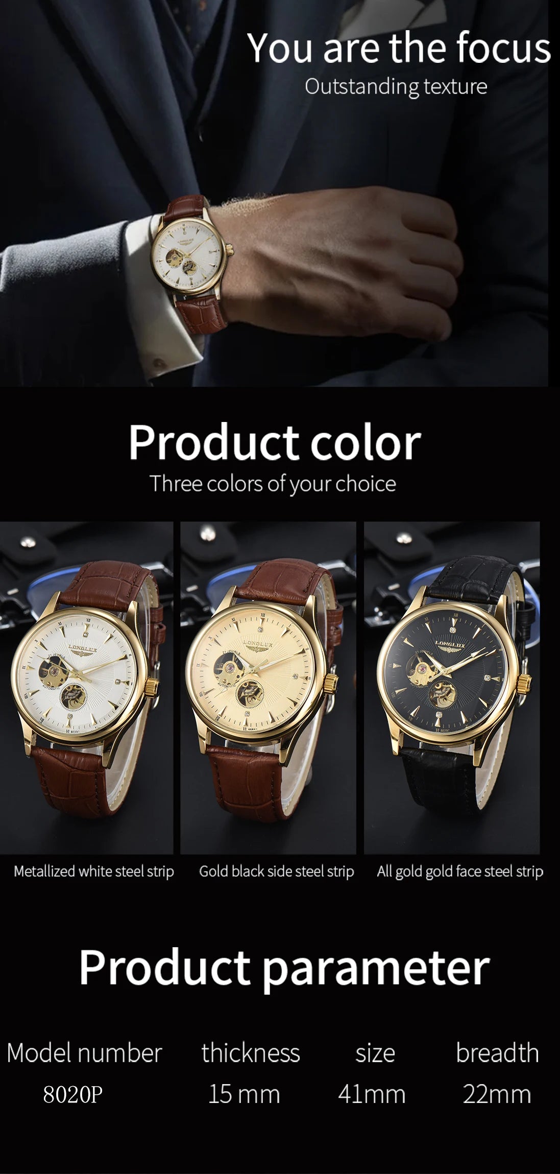 LONGLUX automatic watch elegant style wholesale mechanical wristwatches skeleton rome waterproof  mens watch men gift