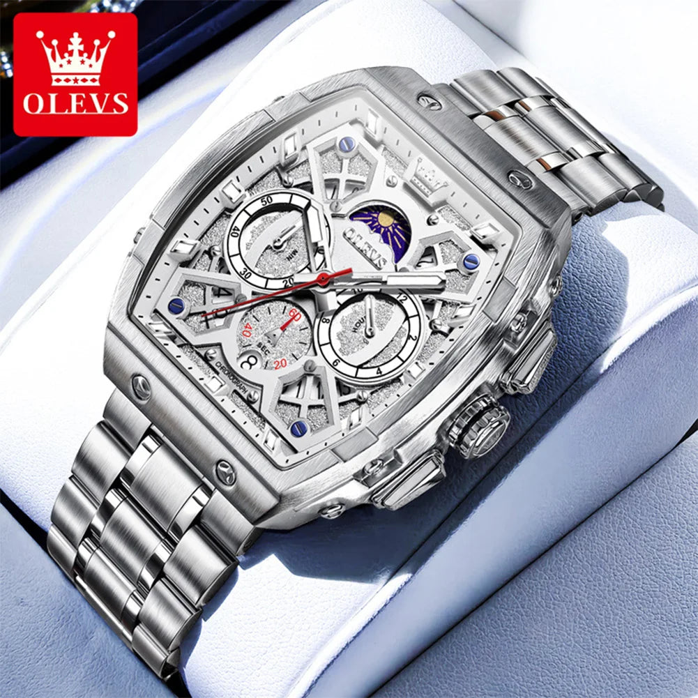 OLEVS 2942 New Mens Watch Original Tonneau Quartz Watch Waterproof Luminous Stainless Steel Watches For Men Gifts Box