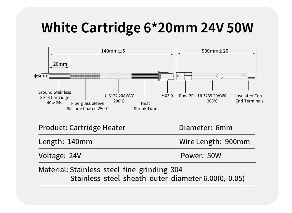 Trianglelab 3D Printer 6*20MM 12V/24V 40W Heater Cartridge With 100CM cable For 3D Printer for PT100 HOTEND Volcano MK8 MK9