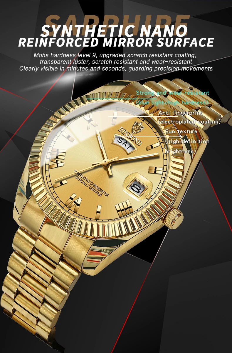 BINBOND Brand Mens Business Sports Quartz Watch Classic Waterproof Luminous Calendar Creative Clock Male Personalized Wristwatch