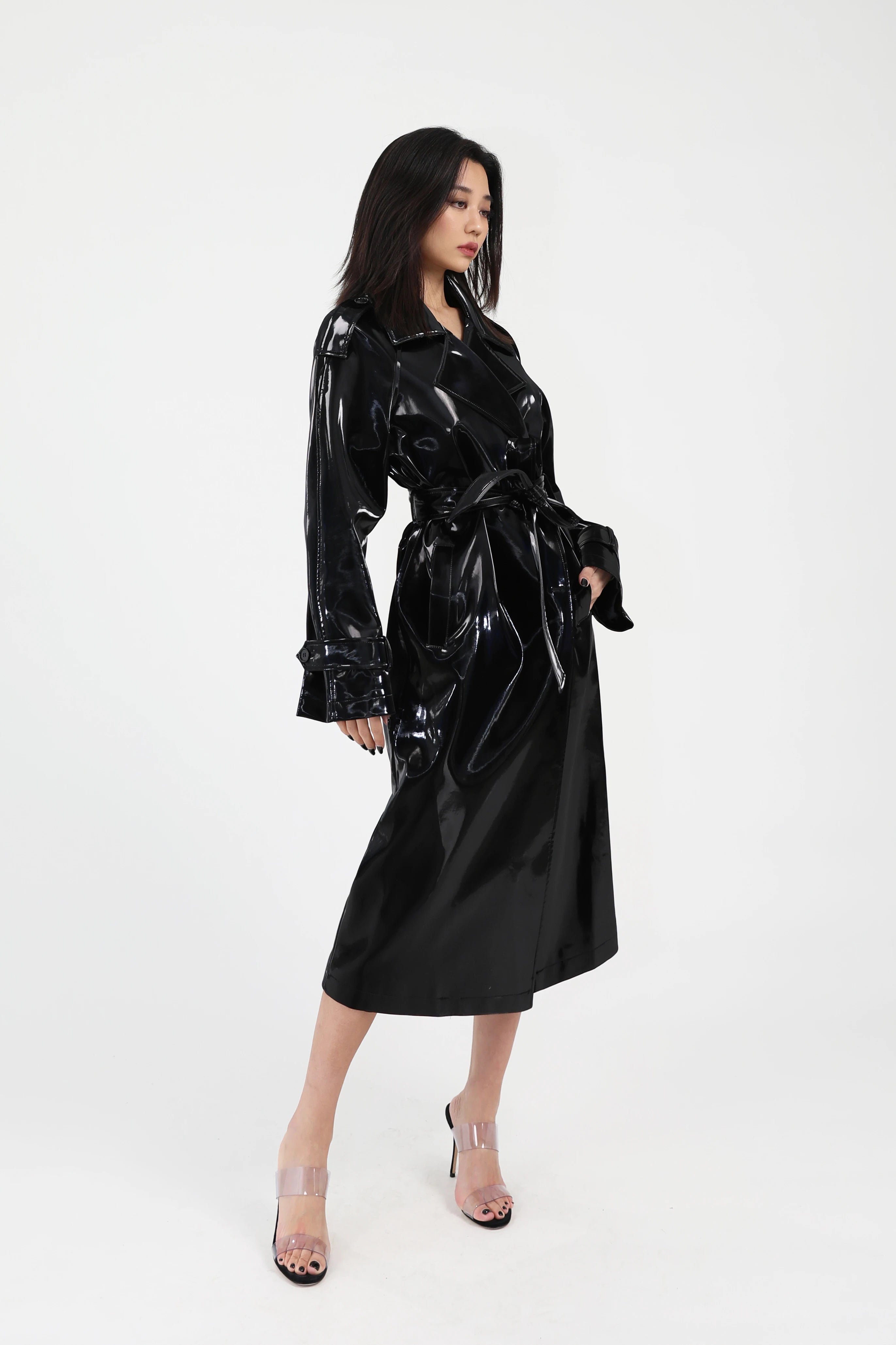 Lautaro Spring Autumn Long Shiny Reflective Patent Leather Trench Coat for Women Sashes Luxury Designer Runway European Fashion
