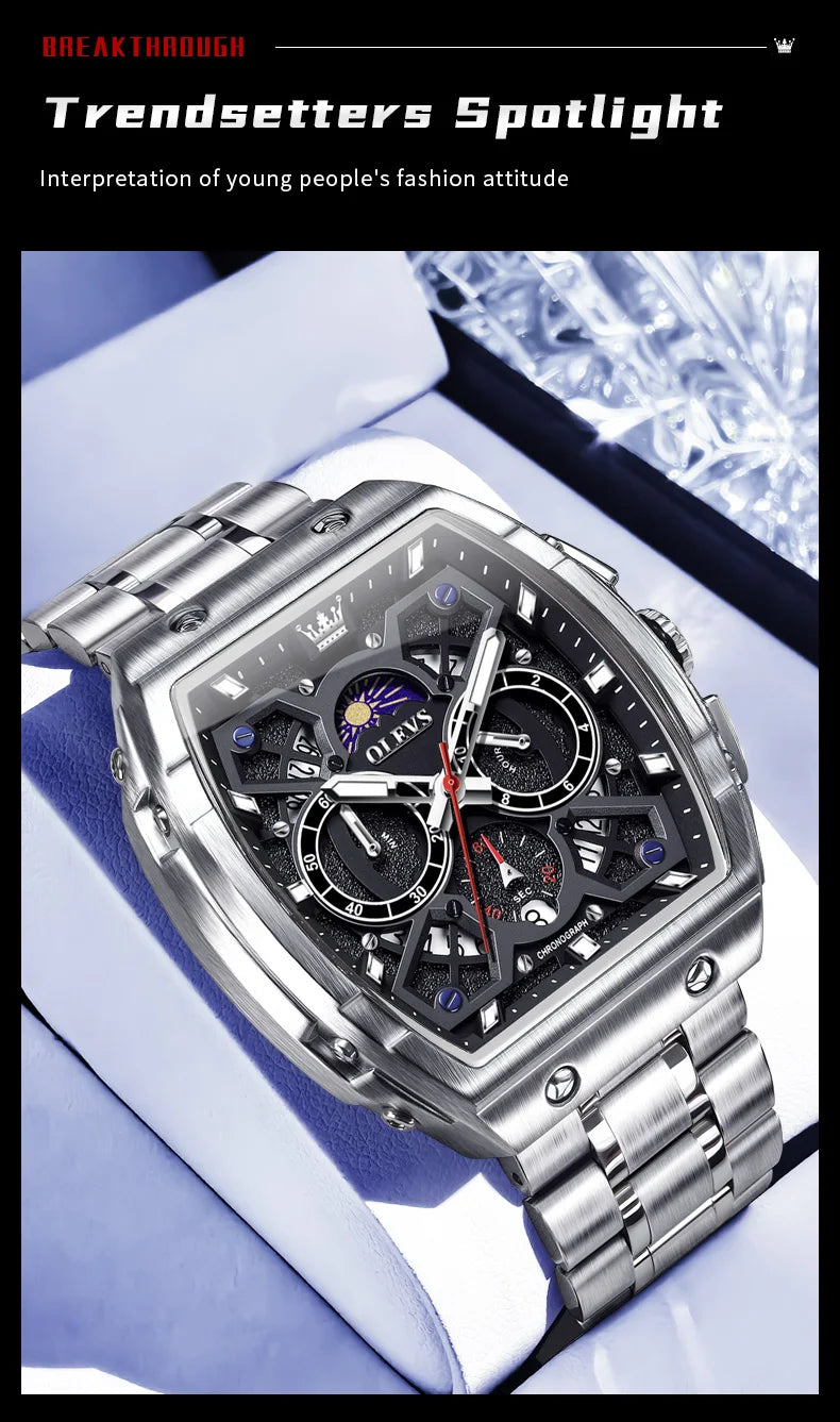 OLEVS 2942 New Mens Watch Original Tonneau Quartz Watch Waterproof Luminous Stainless Steel Watches For Men Gifts Box