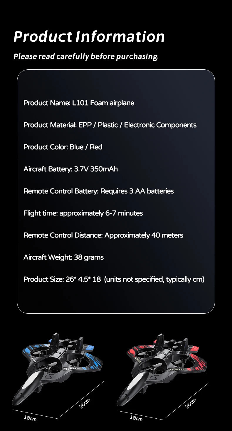 L101 RC Foam Airplane 2.4G RC Fighter Stunt Tumbling Helicopter with LED Colored Lights Airplane Model Toy