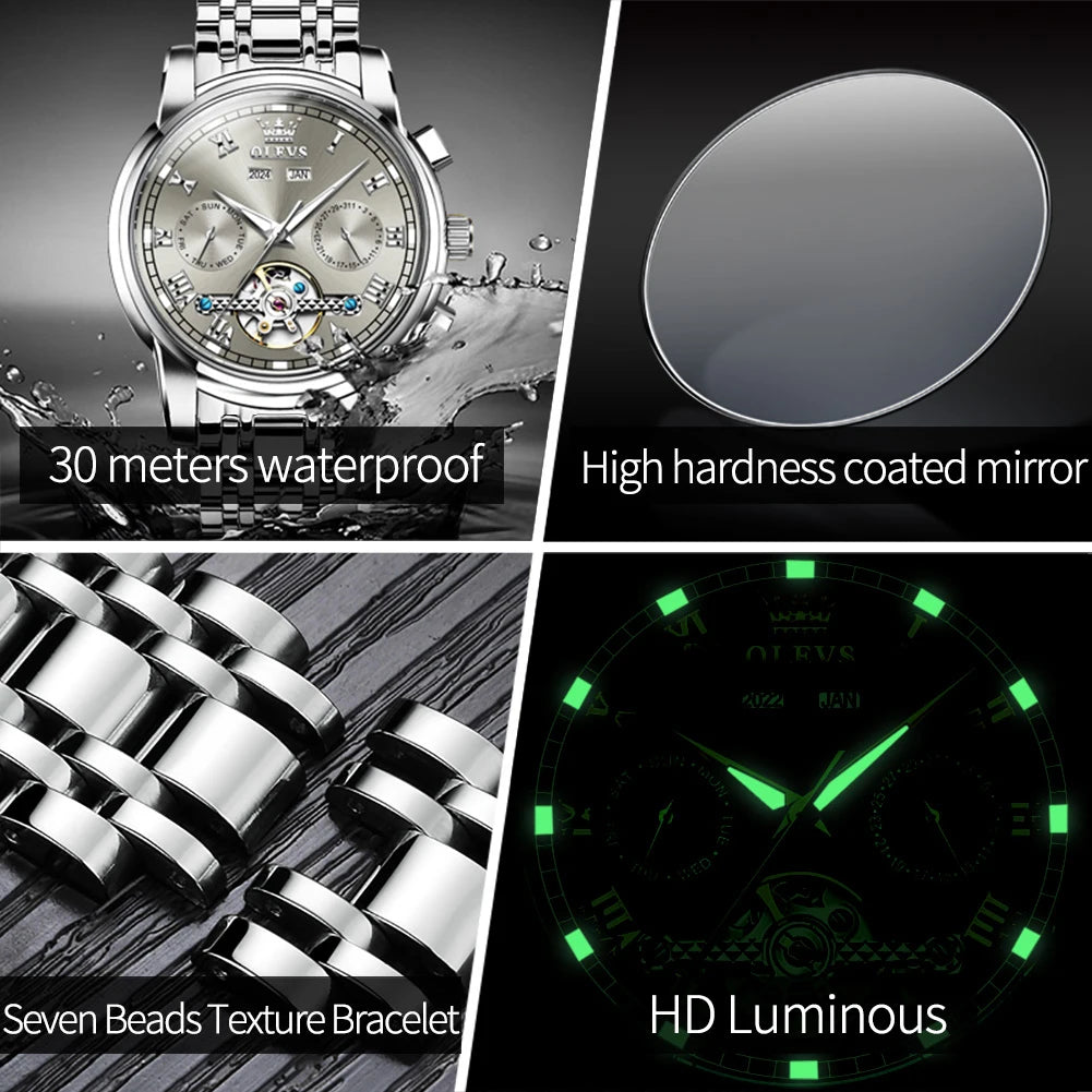 OLEVS 6607 Fully Automaitc Watches Stainless Steel Skeleton Flywheel Dual Calendar Top Luxury Brand Men's Mechanical Wristwatch