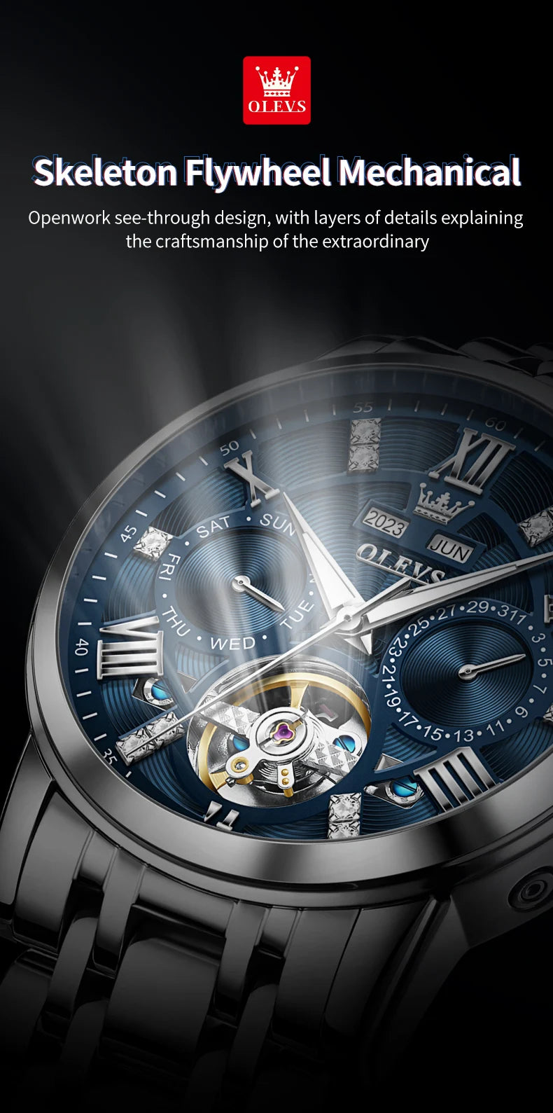 OLEVS Men's Watches Skeketon Flywheel Automatic Mechanical Original Wristwatch for Man Waterproof Luminous Perpetual Calendar