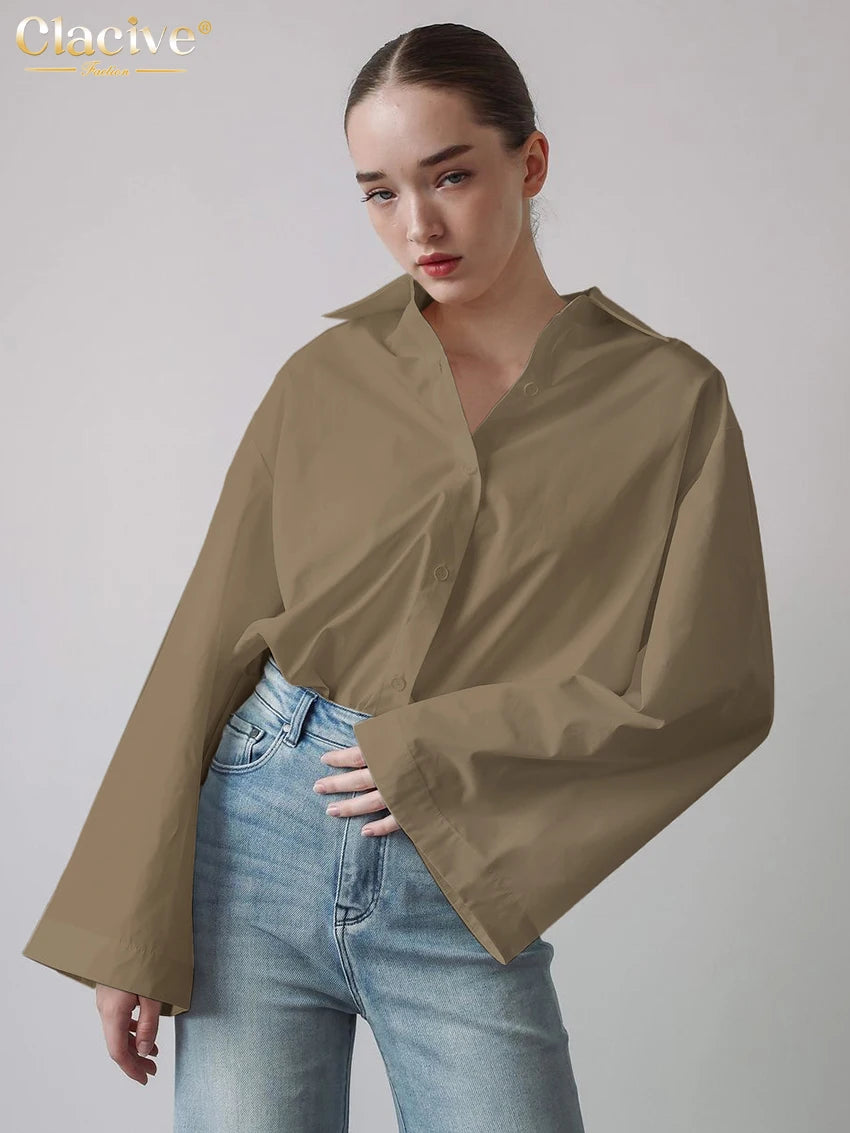 Clacive Fashion Loose White Cotton Women's Blouse 2025 Casual Lapel Long Sleeve Shirt Elegant Classic Solid Top Female Clothing