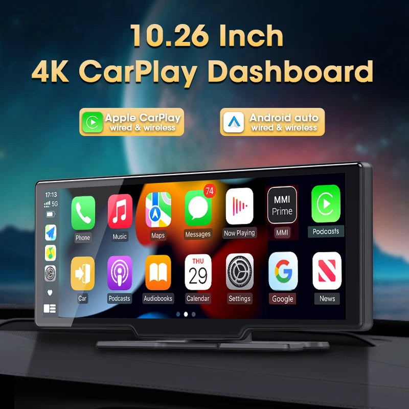 Srnubi 10.26" Dash Cam Rearview Wireless Carplay & Android Aut 4K DVR Navigation Player Dual Len Recorder Dashboard  WIFI 5.0BT