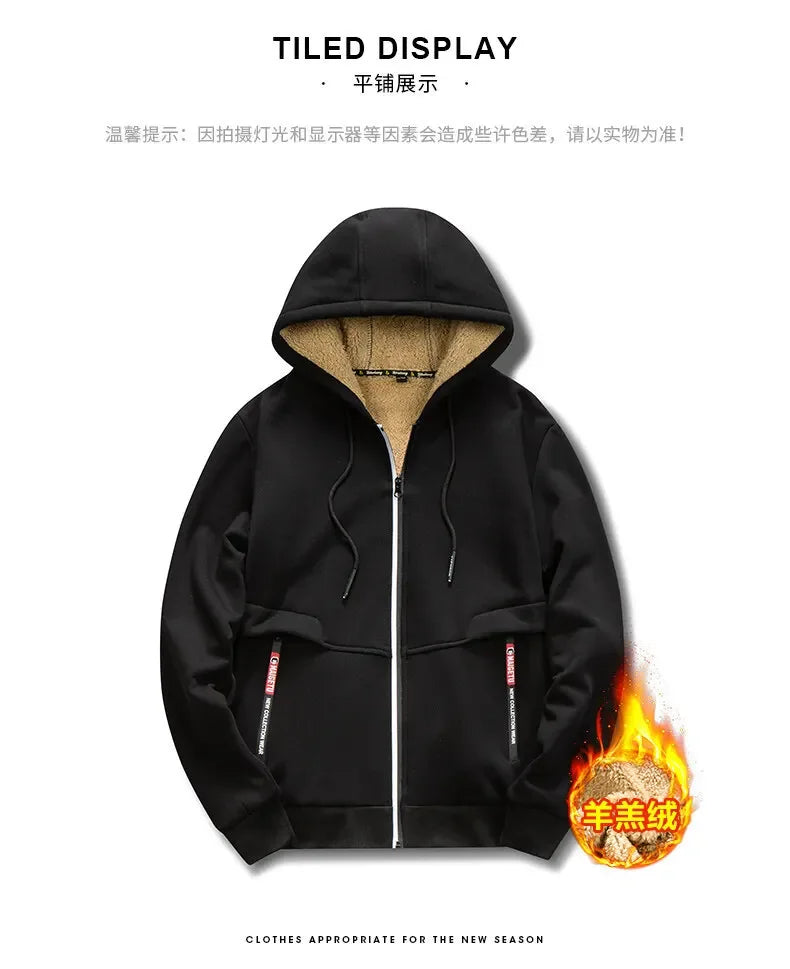 Men's Winter Warm Hoodies Sweatshirts Thickened Lamb Fleece Lining Hooded Jackets Windproof Zip Casual Hooded Sportwear for Men