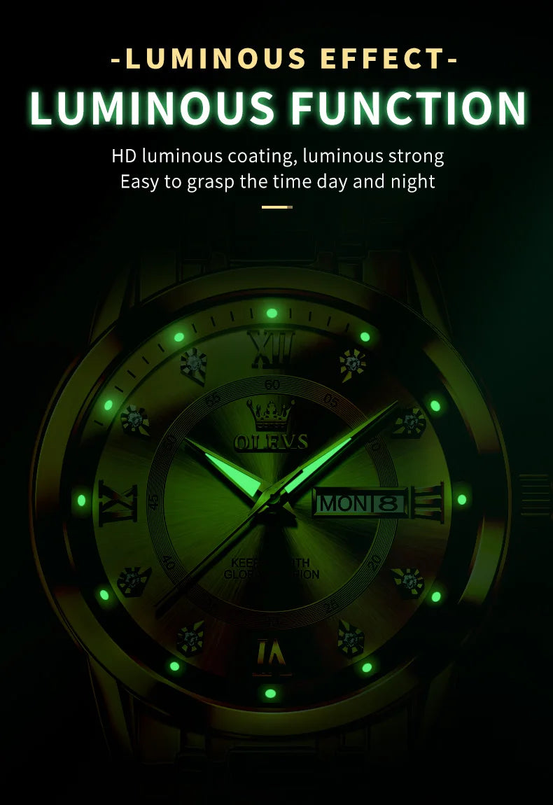 OLEVS Quartz Watch for Men Luxury Diamonds Gold Watch Waterproof Luminous Stainless Steel Business Men's Quartz Watch Mens Watch
